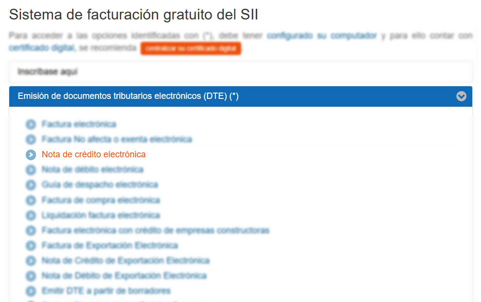 Opción Nota de Crédito Electrónica SII
